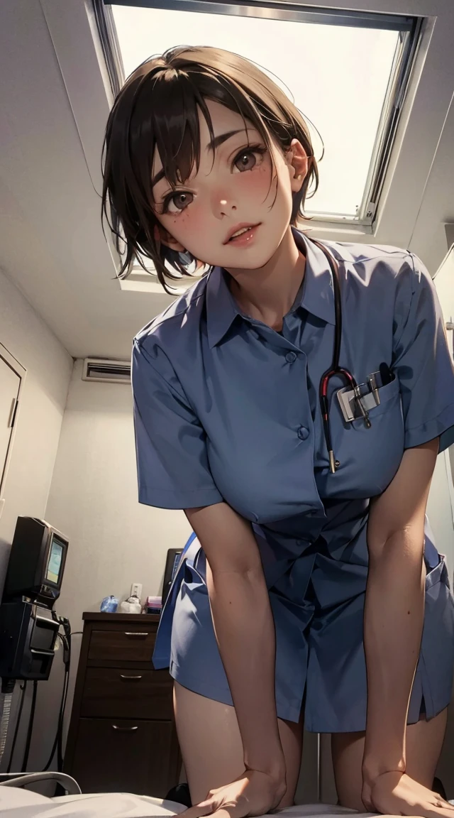 Masterpiece, sksrin, beautiful urban female model, in hospital room,pov, from below, facial details, detailed body part details, 8k wallpaper,  looking at viewer, hospital, Hoshizora rin, short hair, nurse custom, thighs, golden ,glowing eyes, cowboy shot, sexy,bent over,pre hug