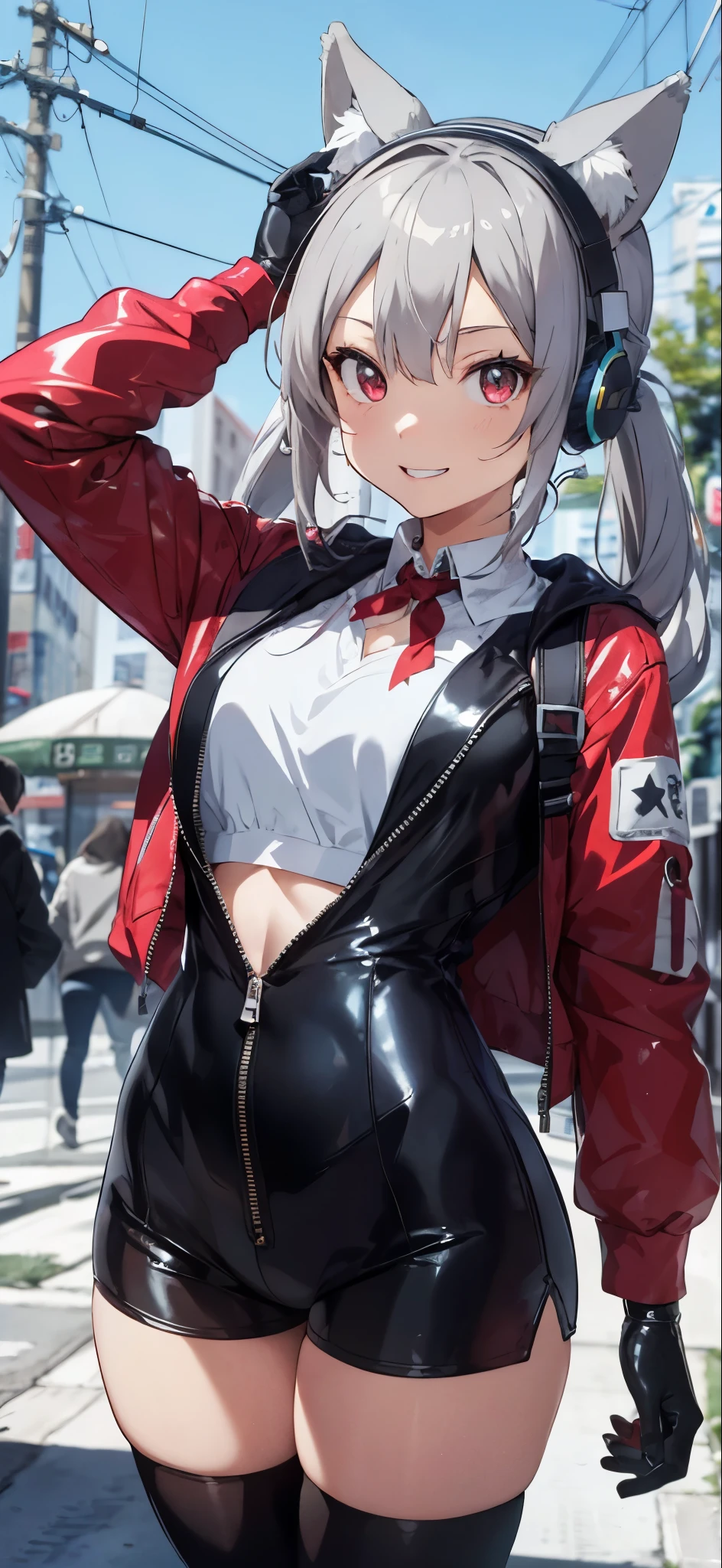 Silver-haired girl drawn in high resolution Japanese anime style、(masterpiece:1.4),(highest quality:1.4),One girl, alone, :d, animal ear Headphones, Animal ears, Raise the hand, bangs, blush, Bodysuits, chest, Rabbit Pose, Bikini Under Clothes、 writing, Covered navel, Cowboy Shot, cropped Jacketの下ビキニ、, fake Animal ears, gloves, Outdoor,morning,snow, Hair Intake, Headphones, impossible Bodysuits, Impossible clothes, Jacket, large chest, latex, latex Bodysuits, Long Hair, Long sleeve, View Viewer, large chest, multicolored gloves, Open your mouth, pink Bodysuits, Pink Eyes, Red eyes, red Jacket, Shiny clothes, Shrug \(clothing\), Side Lock, Fits perfectly to the skin, smile, Thighsの隙間, Thighs, Twin tails, very Long Hair, white gloves, Gray Hair,Alice \(Nod\),(Shiny skin),Realistic,