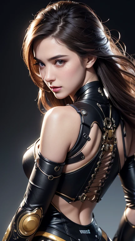 best qualtiy， tmasterpiece， Ultra-high resolution， Rendered with camera-like realism， real photograph，(((( A mechanical girl))))，((Solo))，(((full bodyesbian))),((Perfect facial features，delicated face))，((Clean face))，((There is nothing else on the face))， highly realistically detailed， Panoramic lighting effects， Fine and accurate shading representation， rendering by octane， 8K resolution， Reveal vivid skin details， Representation of  matte silver materials， Depicting vacuum tubes、Liquid tubes、oil pressure gauges、glass tubes、Simulate details such as meters， Highlight the details and movement of gears， The performance of gold hydraulic cylinders， realism light effect， Face the audience's gaze， Depict neon details in detail， Mechanized body parts， The mechanized spine is attached to the back， Mechanical attachment attached to the neck ,medium body shot