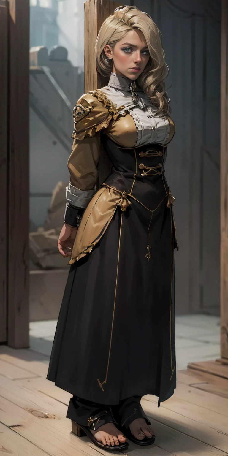 (masterpiece, best quality), intricate details, 1girl, Mercedes von Martritz, (standing full body toe to head by wooden pole:1.2), iron collar, arms behind back, iron cuffs, shackles, bound,