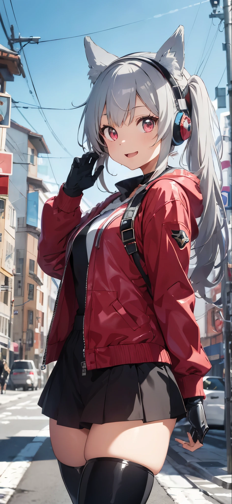 Silver-haired girl drawn in high resolution Japanese anime style、(masterpiece:1.4),(highest quality:1.4),One girl, alone, :d, animal ear Headphones, Animal ears, Raise the hand, bangs, blush, Bodysuits, chest, Rabbit Pose, Clothes writing, Covered navel, Cowboy Shot, cropped Jacket, fake Animal ears, gloves, Outdoor,morning,snow, Hair Intake, Headphones, impossible Bodysuits, Impossible clothes, Jacket, large chest, latex, latex Bodysuits, Long Hair, Long sleeve, View Viewer, large chest, multicolored gloves, Open your mouth, pink Bodysuits, Pink Eyes, Red eyes, red Jacket, Shiny clothes, Shrug \(clothing\), Side Lock, Fits perfectly to the skin, smile, Thighsの隙間, Thighs, Twin tails, very Long Hair, white gloves, Gray Hair,Alice \(Nod\),(Shiny skin),Realistic,