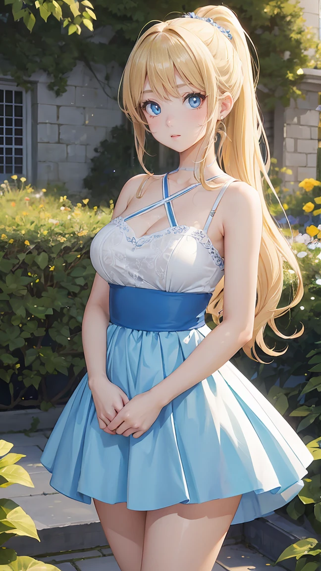 (masterpiece:1.2), (best quality:1.2),, Curvy but slender figure, Perfect eyes, Perfect face, Perfect lighting, 1 girl, In the garden,,(Miss),(whole body照),(Ponytail),(カメラアングルwhole body),curls, Beautifully dressed, Detailed outdoor background, compensate, Eyeshadow, Thick eyelashes, fantasy, Looking at the audience, whole body、Blue sky、Bright and beautiful face、Young, shiny and fair skin、best beauty、The most beautiful blonde hair in the world、Thinning hair、long hair、Shiny and beautiful bangs、Shining blue eyes、Very beautiful and cute 18 years old, The most beautiful girl in the world、of skirts,Shy expression,White Dress,