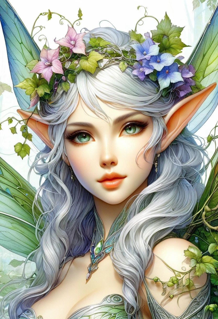 Character Close-up( Perfect anatomical structure ) Beautiful and extremely fine texture,Cute girl forest elf with vine flowers on her head(elf ears),
She has transparent feather wings, fairy wings, in the misty woods(thick fog),
charming luster, Highly detailed art romantic, outstanding, Like a dream, Fantasy elves,Fine brushwork watercolor texture, complex, clear and high-quality masterpiece,Extremely complex and exquisitely detailed, ultra-detailed fantasy characters, Ultra-detailed digital art, concept art