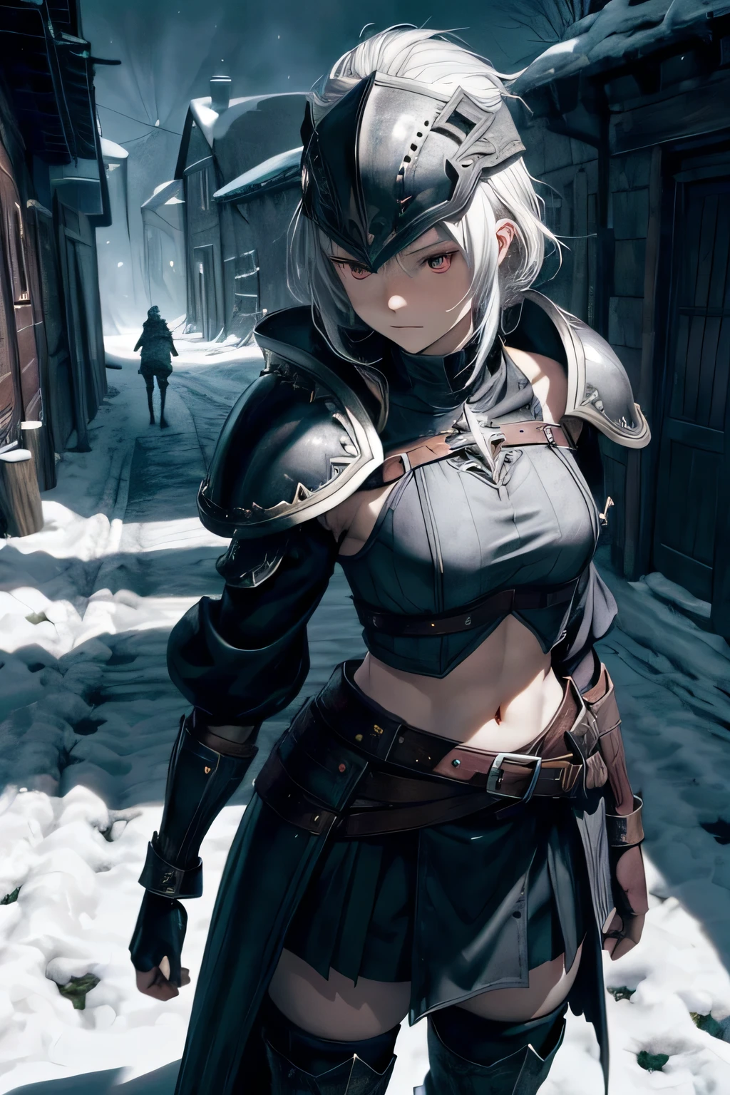 highres, ((materpiece)), ((4k)), best quality:1.2, cinematic lighting:0.9, amazing shadows, caravaggio style shadowing, ((amazing perspective:1.2)), BREAK
(dark, snowy village, white goats), dark ambiance, fantasy art, official game art, concept art:1.2 BREAK (red eyes), solo, 1girl, short, 20 year old girl, perfect face, noble expression, worried smirk, shadow on eyes, pale skin, (short white hair with single braid), (messy haircut), (simple morion helmet), (neck armor), (fantasy medieval clothes), (black tube top), (belly showing), (6 pack abs), athletic build, (gothic black coat), (shoulder armor), armored gauntlets, (holding large shield), black mini-skirt, long back skirt, armored boots, full-body portrait, flexing