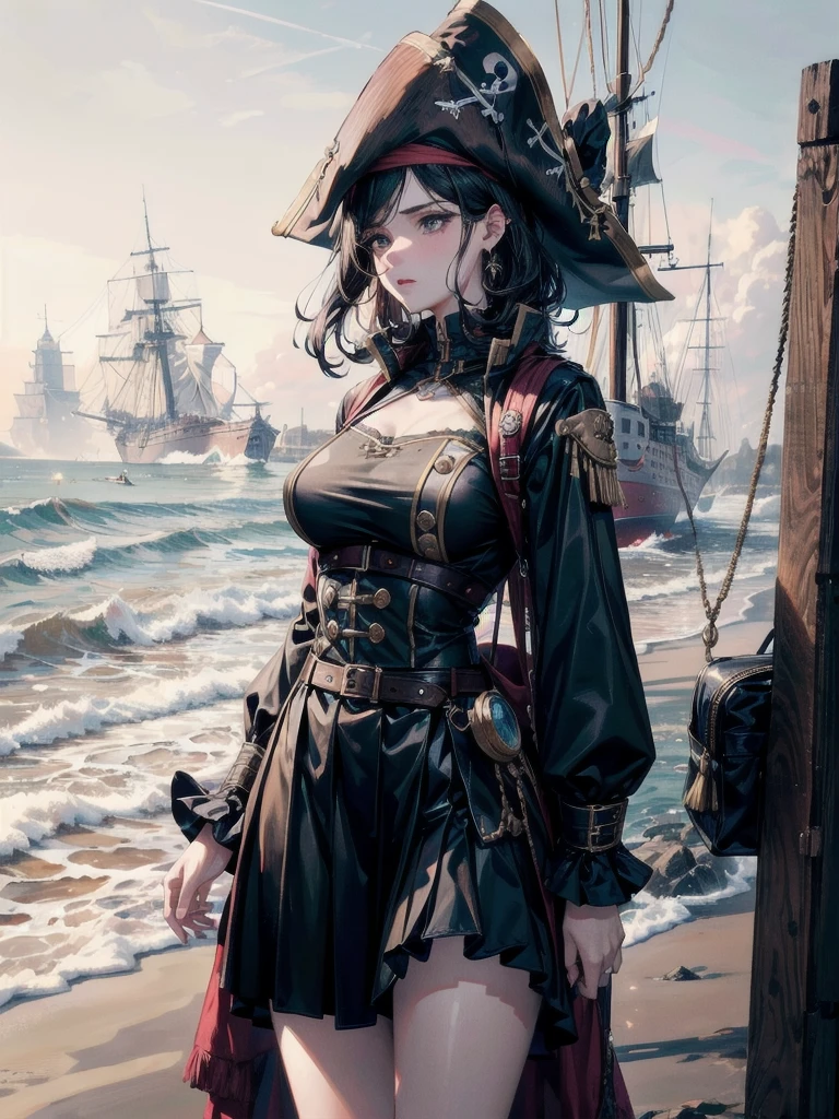 absurdres, RAW photo, extremely delicate and beautiful, masterpiece, Best Quality, ultra high resolution, 32k, hyperrealistic, ultra-detailed, detailed description, perfect anatomy, pale skin, 20 years old, detailed beautiful face and eyes, tearful mole, earring, short medium hair, wavy hair, random colored hair, whole body shot, colossal tits, ((yuri)), (((2 girls))), ((Practical pirate clothing)), Long-sleeved pirate top, Skirt, beach,