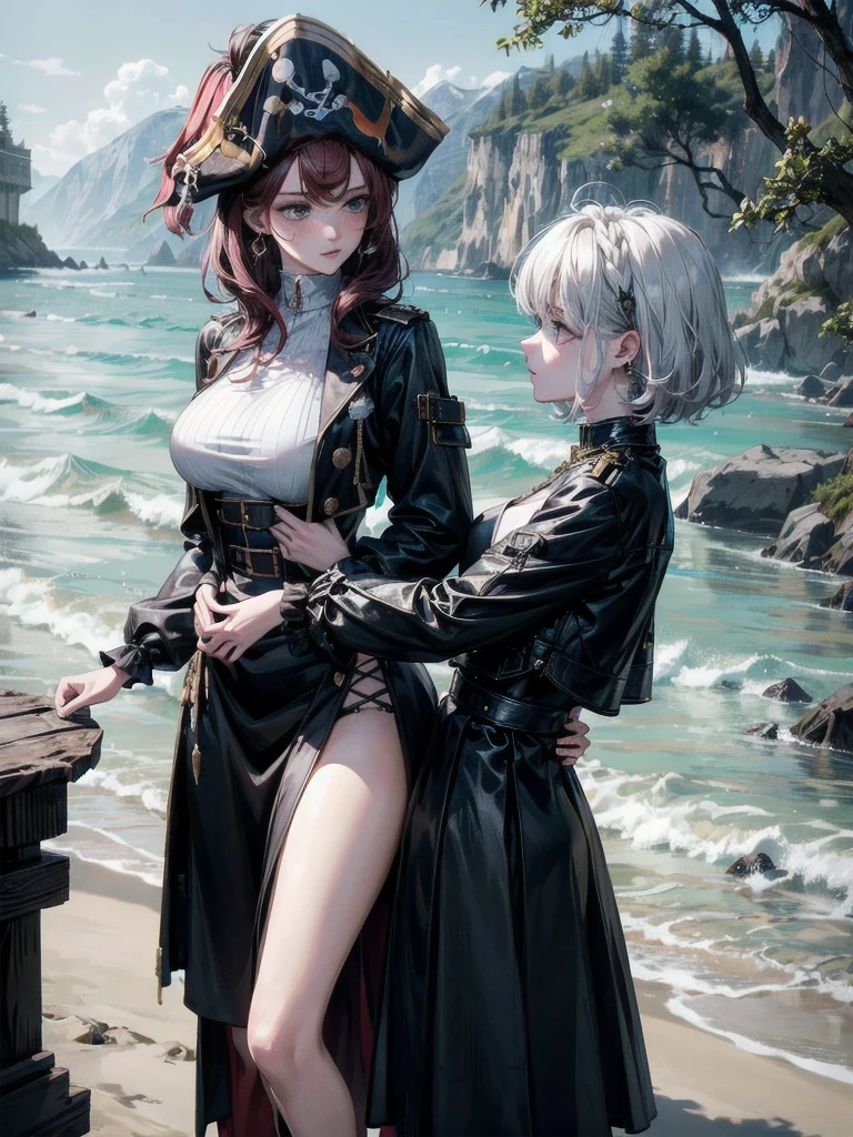 absurdres, RAW photo, extremely delicate and beautiful, masterpiece, Best Quality, ultra high resolution, 32k, hyperrealistic, ultra-detailed, detailed description, perfect anatomy, pale skin, 20 years old, detailed beautiful face and eyes, tearful mole, earring, short medium hair, wavy hair, random colored hair, whole body shot, colossal tits, ((yuri)), (((2 girls))), ((Practical pirate clothing)), Long-sleeved pirate top, Skirt, beach,