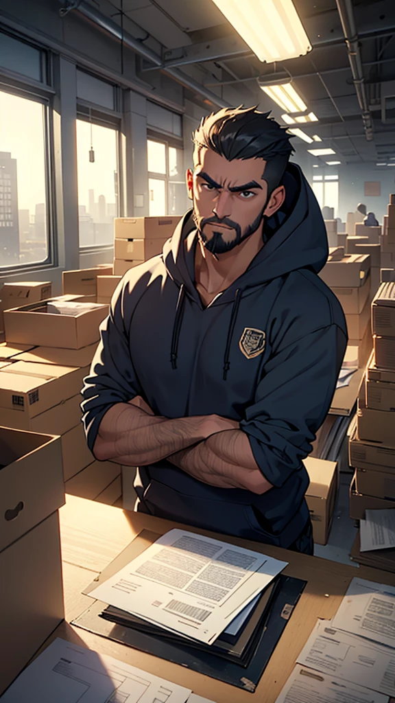 A man wear trucker har, short beard, wear navy hoodie, Amidst the muted hum of an office on the precipice of upheaval, an employee, clutching a sheet of folded paper in trembling hands, sits before an imposing mahogany desk. His brows furrowed, eyes wide, mouth agape in a mixture of confusion, sadness, and surprise. The once pristine workspace is now a cluttered landscape of cardboard boxes, each one representing the imminent loss of work and comfort.
Suspended in the air above the scene hovers a manager's silhouette, cast long and ominous by the setting sun filtering in through the office window. The superior's expression remains shrouded in shadow