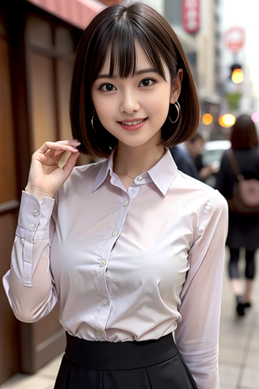 RAW Photos, highest quality, Realistic, Cute Japanese Girl, 女の子1 person, (Very slim and slender fit muscular body:1.3), ((View Viewer)),(Big smile:1.3), (No people in the background:1.3), Beautiful earrings, Front shot, (Big eyes), (whole bodyショット), Small breasts, ((Backtrack, Buckshot)), Upper Shot,（masterpiece）、Healthy thighs、(Narrow waist)、Big Ass、（Beautiful legs）、((Perfectly detailed five-fingered hands)),（Anatomically correct body）、((1 female:1.4))、Japanese、Asian、Realistic Skin、（Small chest：1.4）、Bust size is C cup、Pretty woman with perfect figure:1.4,(from the front:1.5), (Skin Textureの美しさを高める:1.1), (Beautiful fine details), (Detailed face),Beautiful realistic face,No makeup、美しいBlack Hair、The best smile、Natural color lip、(Small Mouth:1.2)、(Oval Face)、Even bangs、Hide eyebrows with bangs、((29-year-old woman))、Bob Hair、Hair blowing in the wind, (Black Hair, Iris, Watery eyes, Shining Eyes, Bob cut hair, Small earrings,), Hair behind the ear、No makeup、(Drooping eyes)、Drooping eye corners、女の子1 person, Cute Smile.whole body、(((1 personの素敵な女性)),((優しいBig smile)),(( Small breasts,Small breastsの谷間)),((((Plump Cheeks)))),((whole body：1.５))、(Narrow waist、Slender Body)、Sexy and cute look and cute 29-year-old, Hair blowing in the wind,C-cup breasts with firmness、Even bangs:1.4、whole bodyショット、,(((Beautiful woman boasting toned hips and muscular buttocks))),((( Shapely big ass))),(A toned waist is best:1.4),(((Attractive woman wearing a white collared shirt and tight skirt in the city,1 person、A young and cute gravure idol,A young and slender gravure idol, Young Sensual Gravure Idol,:1.3))),,Dress shirt, Beautiful, smooth skin, Skin Texture, Floating Hair,Professional Lighting,