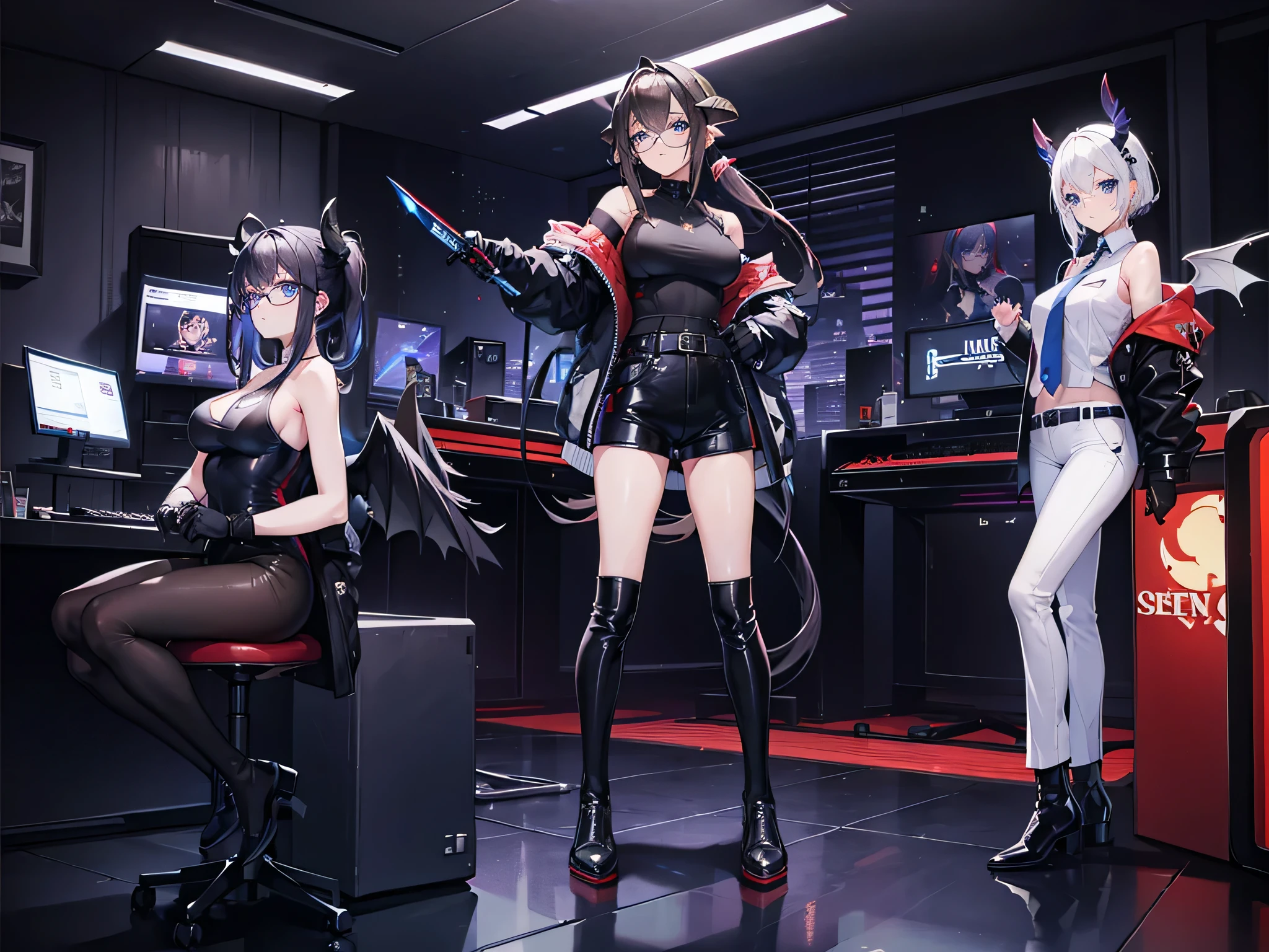 3 women in a gamer room, one in front of the PC, others sitting behind, another drinking a soft drink, 3 Girls, long hair, breasts, blue eyes, horns, bare shoulders, large breasts, ponytail, thighs, jacket, shirt, tail, black hair, bare shoulders, boots, short hair, standing, tie, belt, black shoes, leotard, gloves, glasses, black pants, wings, looking at viewer, white hair, pants, brown hair, black gloves, open clothing, weapon, shorts, black jacket, white shirt, open jacket