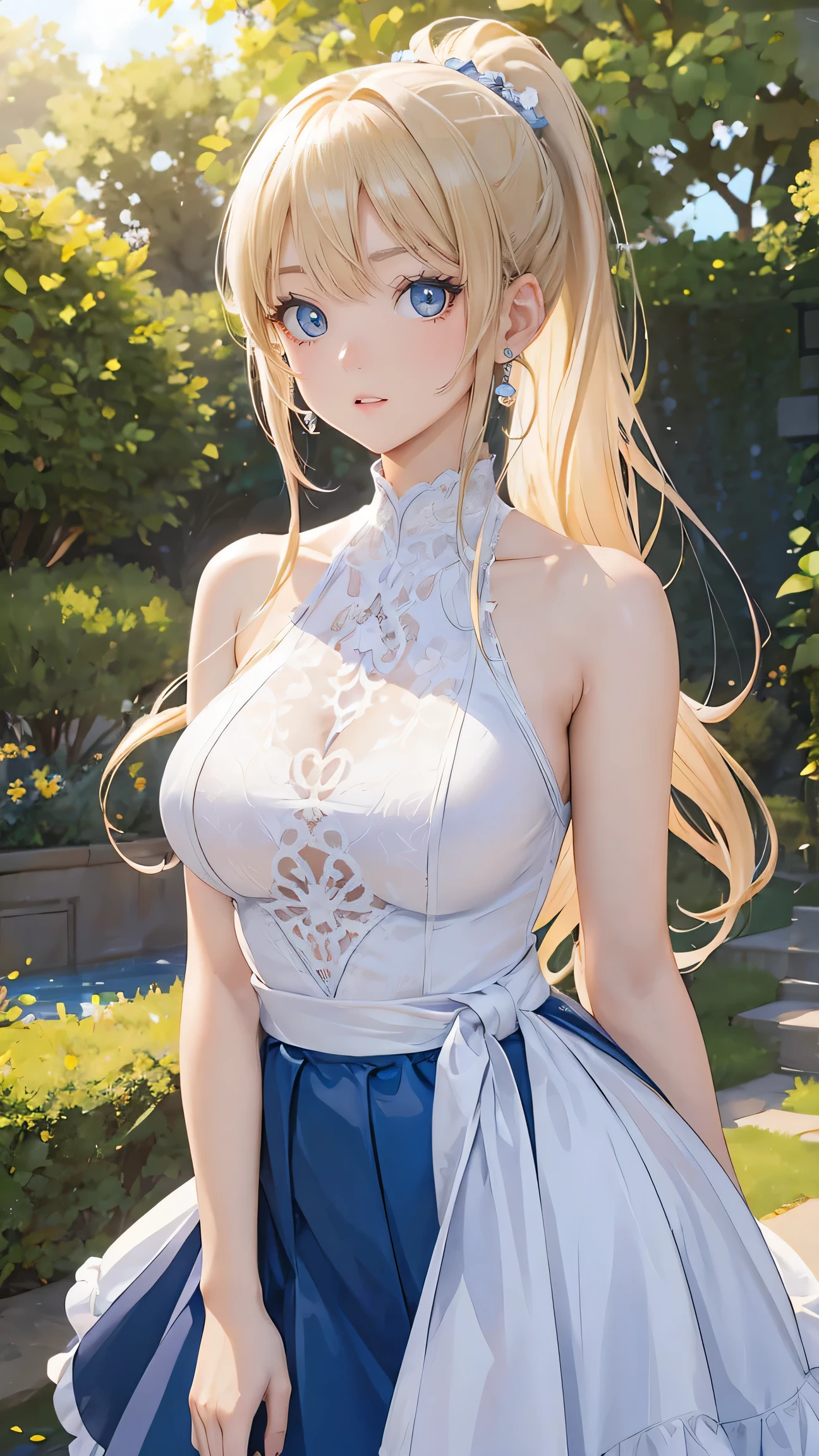 (masterpiece:1.2), (best quality:1.2),, Curvy but slender figure, Perfect eyes, Perfect face, Perfect lighting, 1 girl, In the garden,,(Miss),(whole body照),(Ponytail),(Camera angle whole body),curls, Beautifully dressed, Detailed outdoor background, compensate, Eyeshadow, Thick eyelashes, fantasy, Looking at the audience, whole body、Blue sky、Bright and beautiful face、Young, shiny and fair skin、best beauty、The most beautiful blonde hair in the world、Thinning hair、long hair、Shiny and beautiful bangs、Shining blue eyes、Very beautiful and cute 18 years old, The most beautiful girl in the world、of skirts,Shy expression,White Dress,