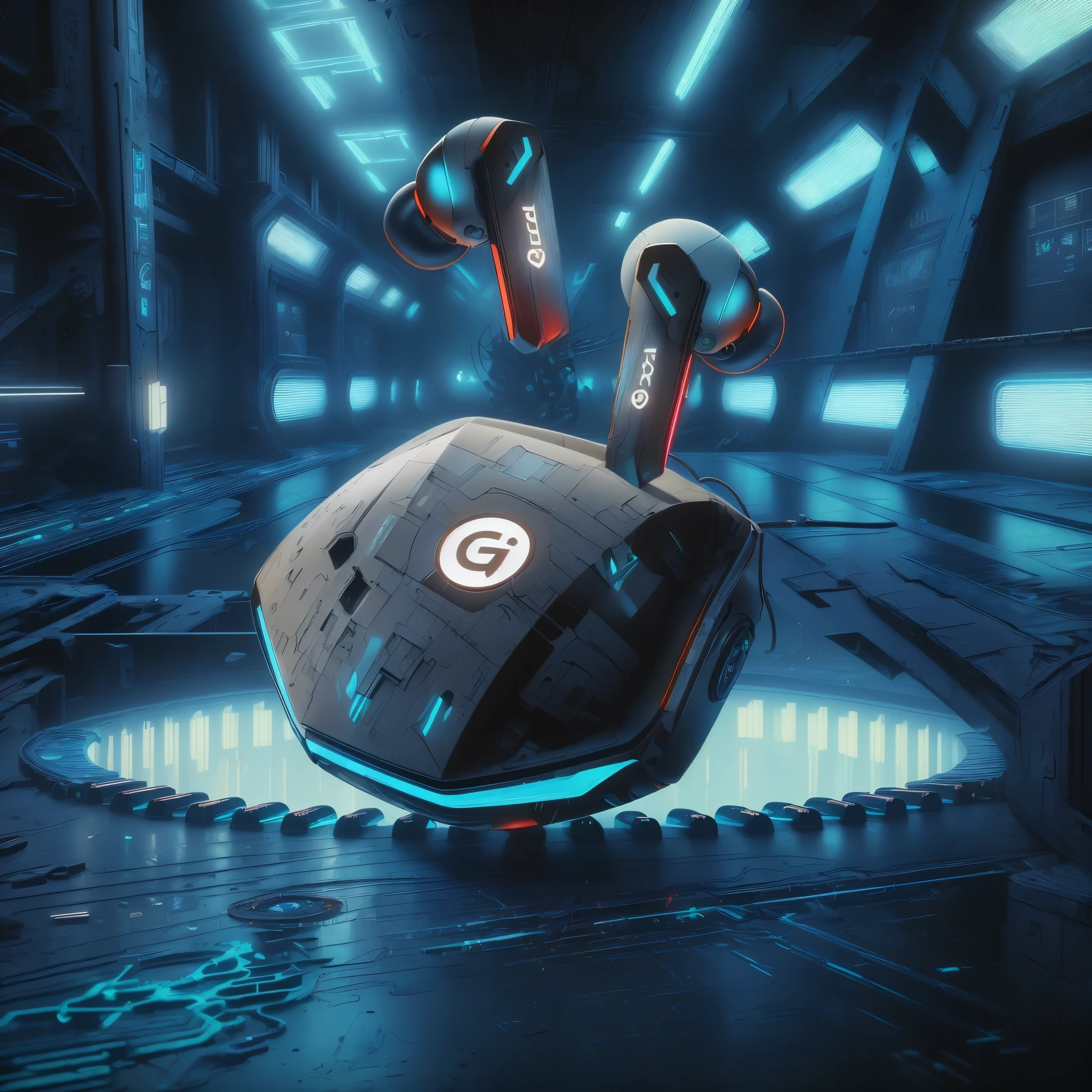 Original photo of C7b3rp0nkStyle headphones, Cyberpunk style, Reality, (masterpiece:1.3) (best quality:1.2) (high quality:1.1)render of futuristic earbuds with 'G' logo, floating on a dark blue platform in a sleek space station, neon