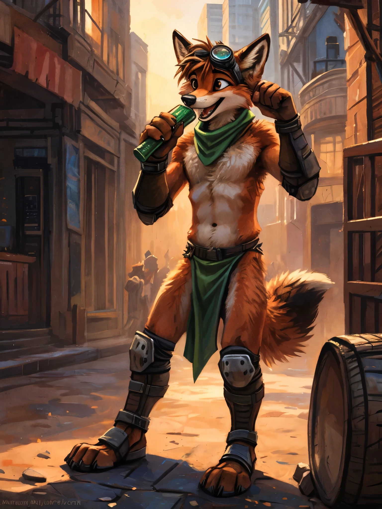 teen Furry, furry, teenager, red fox, spiked brown hair only on head, collar, brown eyes, goggles, green loincloth, green scarf, elbow pads, knee pads, masterpiece, No muscles, Detailed hands, detailed face, detailed eyes, detailed body, Flat body, Skinny, claws, high resolution, metal cuffs on wrists, metal cuffs on ankles, no shirt, no underwear, crowded nightclub, drinking, laughing, art by kenket