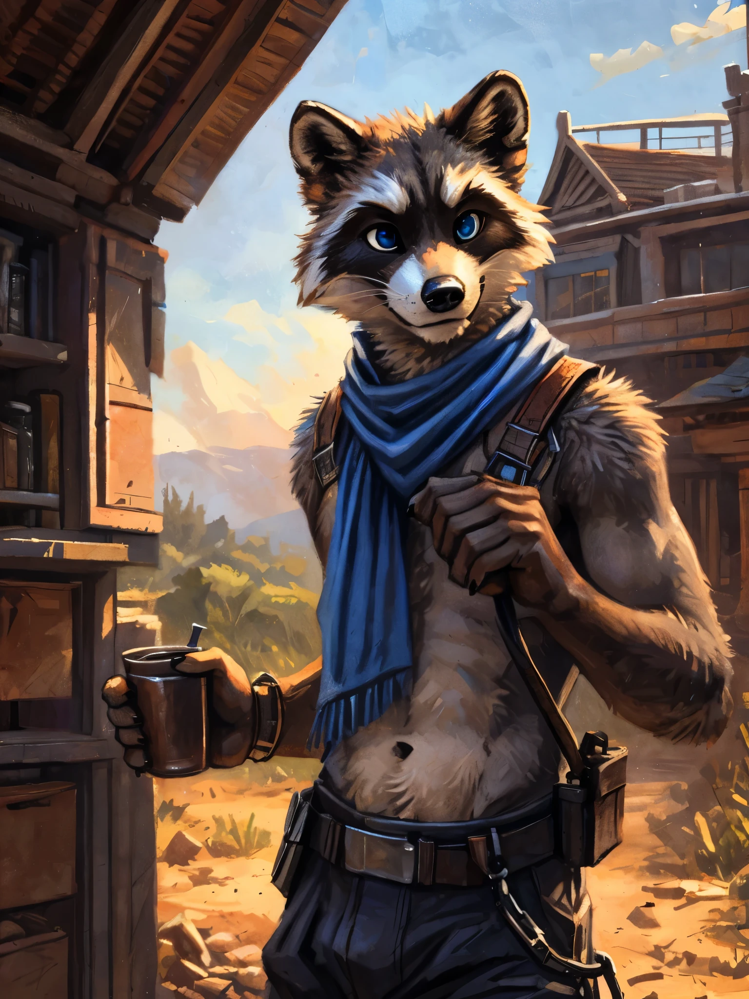 furry, furry, teen, raccoon, grey body, long brown spiked_ponytail, detailed eyes, Detailed body fur, long blue scarf, leather_harness, blue_breechcloth, goggles, masterpiece, gray body, Detailed face, big eyebrows, blue eyes, detailed eyes, No muscles, Detailed hands, Flat body, Skinny, Detailed paws, metal cuffs on wrists, metal cuffs on ankles, black baggy pants, drinking, calm, art by kenket