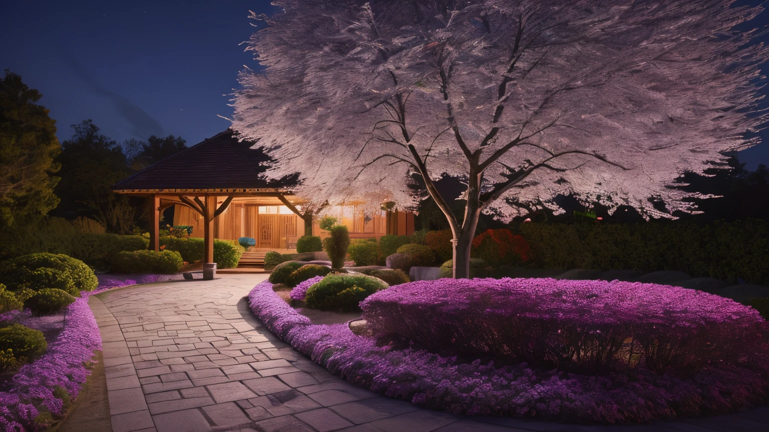 masterpiece, Very detailed, Perfect quality, Most detailed, Ray Tracing, 8k, Purple cherry blossom, Japanese garden, peaceful, night, full moon, performer, 1 frame, Purple Theme