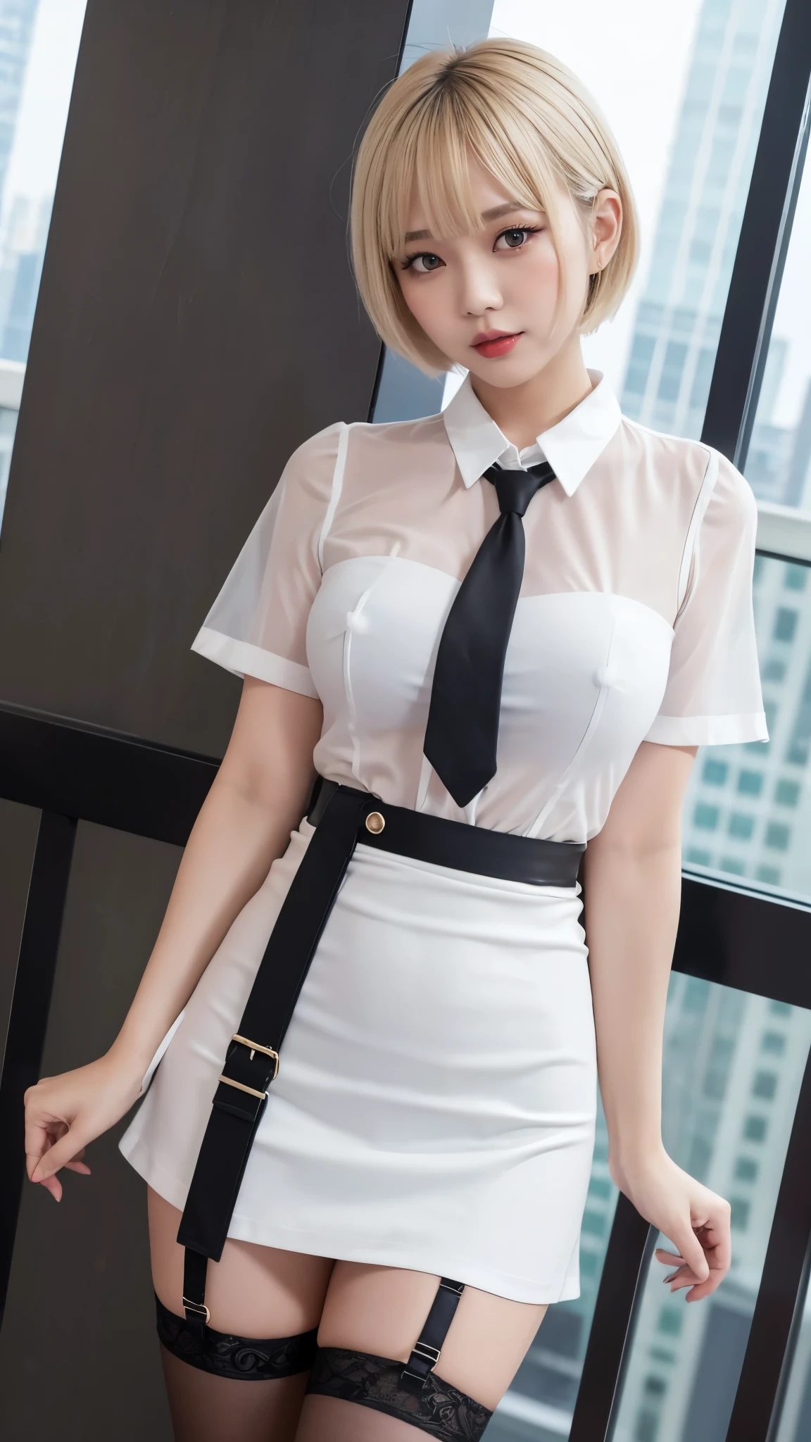 Thai Idol　Short blonde hair with bangs

　white blouse　black tight skirt　garter belt　stockings　(lanyard id card)　Mature Woman　35 years old　red rouge plump lips　round face　Plump　Eyes meet　Office on the top floor of a skyscraper　Female President　Sweaty and see-through clothes