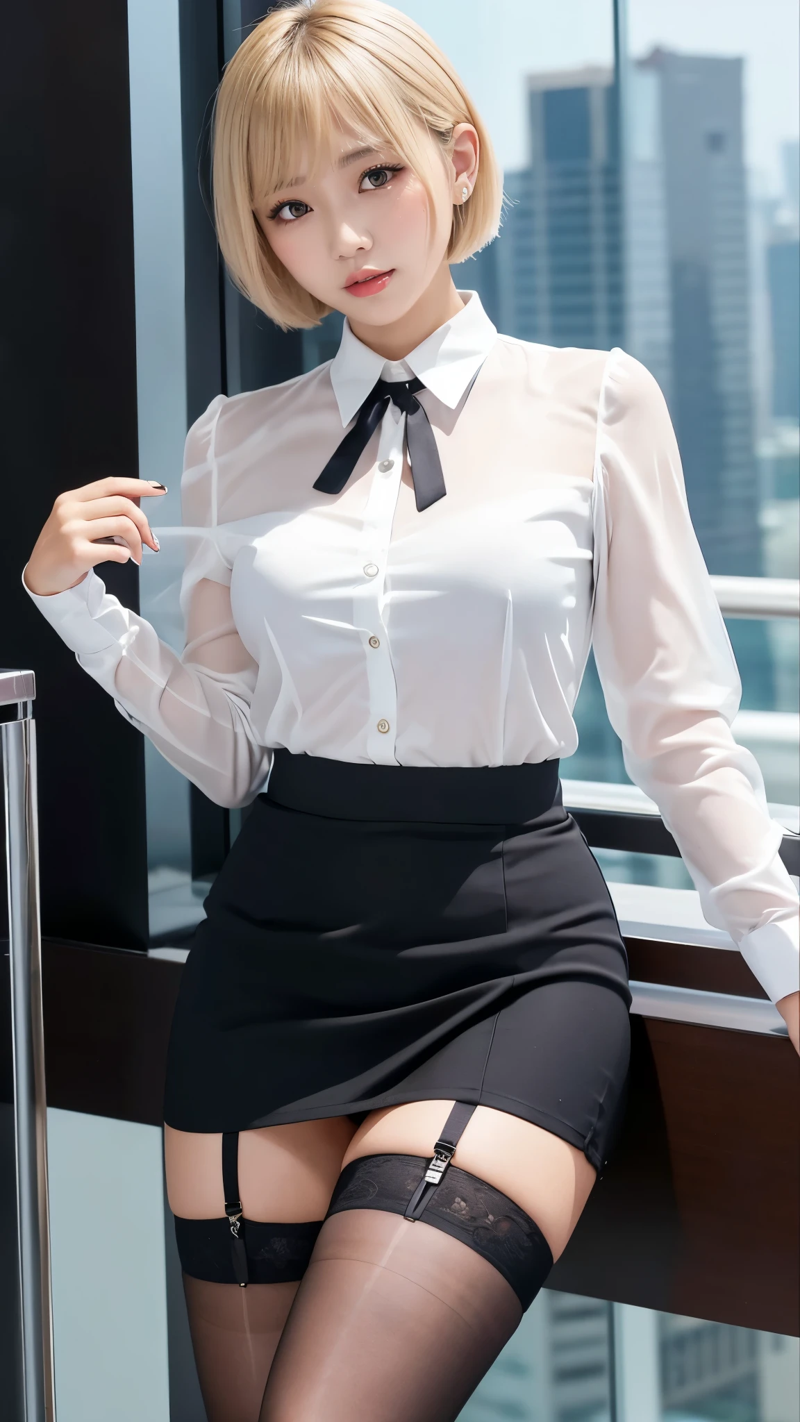 Thai Idol Short blonde hair with bangs
white blouse black tight skirt garter belt stockings (lanyard id card) Mature Woman 35 years old red rouge plump lips round face Plump Eyes meet Office on the top floor of a skyscraper Female President Sweaty and see-through clothes