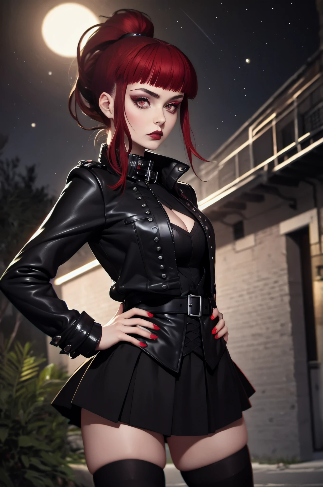 woman, tall, 20 years old, microbangs, goth, pale skin, black lips, beautiful bright red hair, punk aesthetic, long ponytail, ponytail, outdoors, long sides, punk, goth makeup, pale skin, goth, spiked collar, tattoos, skinny, nighttime, night, natural light, hands on hips, jacket, hourglass figure, thighhighs, microskirt, micro skirt, night stars, starry night, constellations