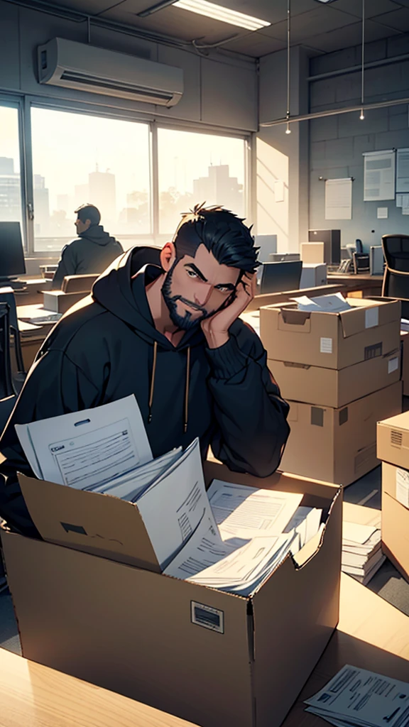 A man wear trucker har, short beard, wear navy hoodie, Amidst the muted hum of an office on the precipice of upheaval, an employee, clutching a sheet of folded paper in trembling hands, sits before an imposing mahogany desk. His brows furrowed, eyes wide, mouth agape in a mixture of confusion, smiling, and surprise. The once pristine workspace is now a cluttered landscape of cardboard boxes, each one representing the imminent loss of work and comfort.
Suspended in the air above the scene hovers a manager's silhouette, cast long and ominous by the setting sun filtering in through the office window. The superior's expression remains shrouded in shadow