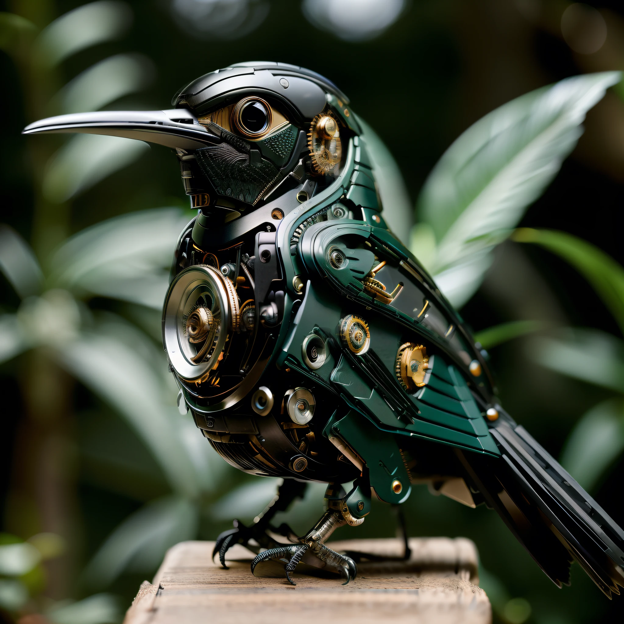 ((obra maestra)), ((mejor calidad)), 8K, alto detallado, ultra detallado, a (negro:1.3) Mechanical Bird, selva