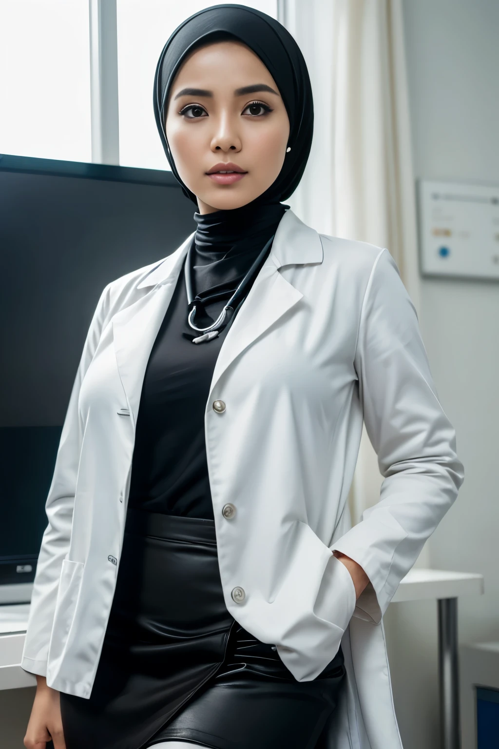 Photorealistic beautiful Hijab Indonesian Mature woman, doctor、stunningly beautiful、doctors white coat, Collared shirt、(top-quality、8K、32K、masterpiece、nffsw:1.3)、超A high resolution,(Photorealsitic:1.4),Raw photography, Detailed face,,Beautiful hijab, ((Doctor Style)), , Black tight skirt、 Natural makeup,, (Heavy Huge breasts : 1.2)、inside hospital, Detailed background, Perfect Lighting, depth of fields, Beautiful shadow gradient,stethoscope .