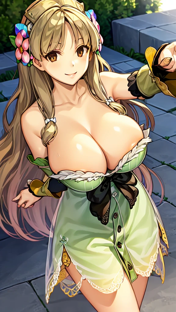 Please show me your armpits), (1 girl), (smile), (Huge breasts:1.2), (Chest close-up), (Long Hair), (Outstretched arms), (Looking at the audience), (from before), (Hair Flower), (garden), (Pasture),(((large breasts))),((cleavage))