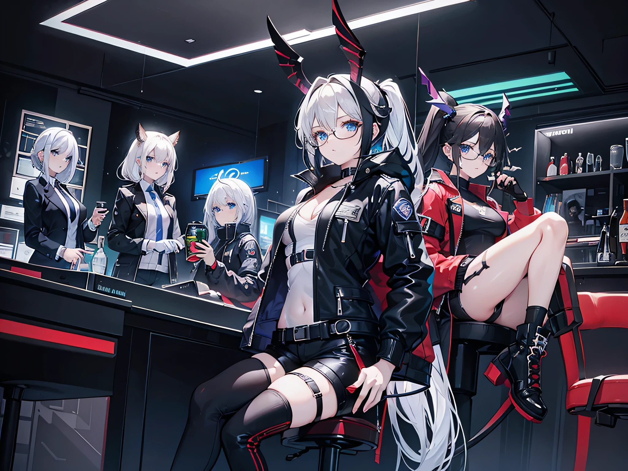 several women in a gamer room, one in front of the PC, others sitting behind, another drinking a soft drink, 3 Girls, long hair, breasts, blue eyes, horns, bare shoulders, large breasts, ponytail, thighs, jacket, shirt, tail, black hair, bare shoulders, boots, short hair, standing, tie, belt, black shoes, leotard, gloves, glasses, black pants, wings, looking at viewer, white hair, pants, brown hair, black gloves, open clothing, weapon, shorts, black jacket, white shirt, open jacket