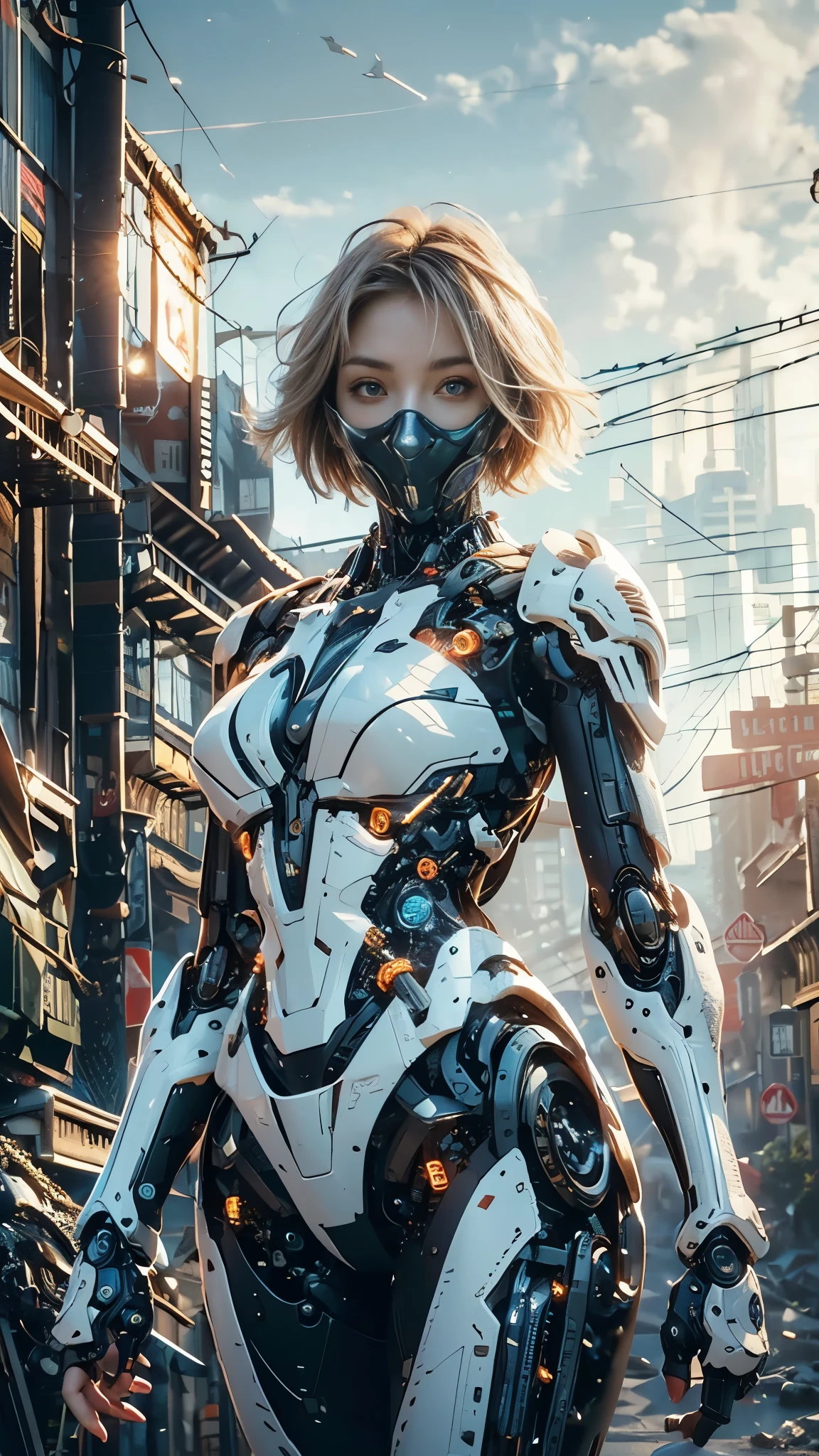 Super realistic, hyper realistic, super detailed, (super cyborg  girl, beautiful face, sharp looks, mesmerizing blue eyes, short hair, platinum blond hair, full body armor, clothing cutout, huge breast, depth of field, science fiction, (mechanical (mouth mask)), (platinum red cyborg color:1.3), intricate detailed mechanical humanoid, cyberpunk),  (her hand hold on electrical sword:1.3), (on the desert with ruin of building background:1.3, (foggy pollution atmosphere)),  masterpiece, best quality, wide-angle Hyperdetailed, masterpiece, best quality, 8k, natural lighting, soft lighting, sunlight, HDR (High Dynamic Range), Maximum Clarity And Sharpness, high contrast, photon mapping, Multi-Layered Textures, facing foward, (seen from forward:1.5)