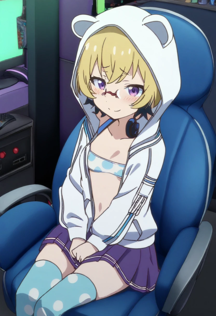 1 girl, solo, Ito, hood with animal ears, white hoodie, blonde hair, glasses, multicolored hair, blue polka dot panties, purple eyes, short hair, aqua skirt, socks, sitting on gamer chair,