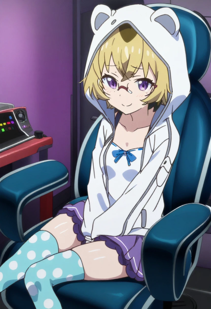 1 girl, solo, Ito, hood with animal ears, hood up, white hoodie, blonde hair, glasses, multicolored hair, blue polka dot panties, purple eyes, short hair, purple skirt, ribbon thighhighs, sneakers, small breasts, shy, sitting on gamer chair, dark gamer room, smiling, 