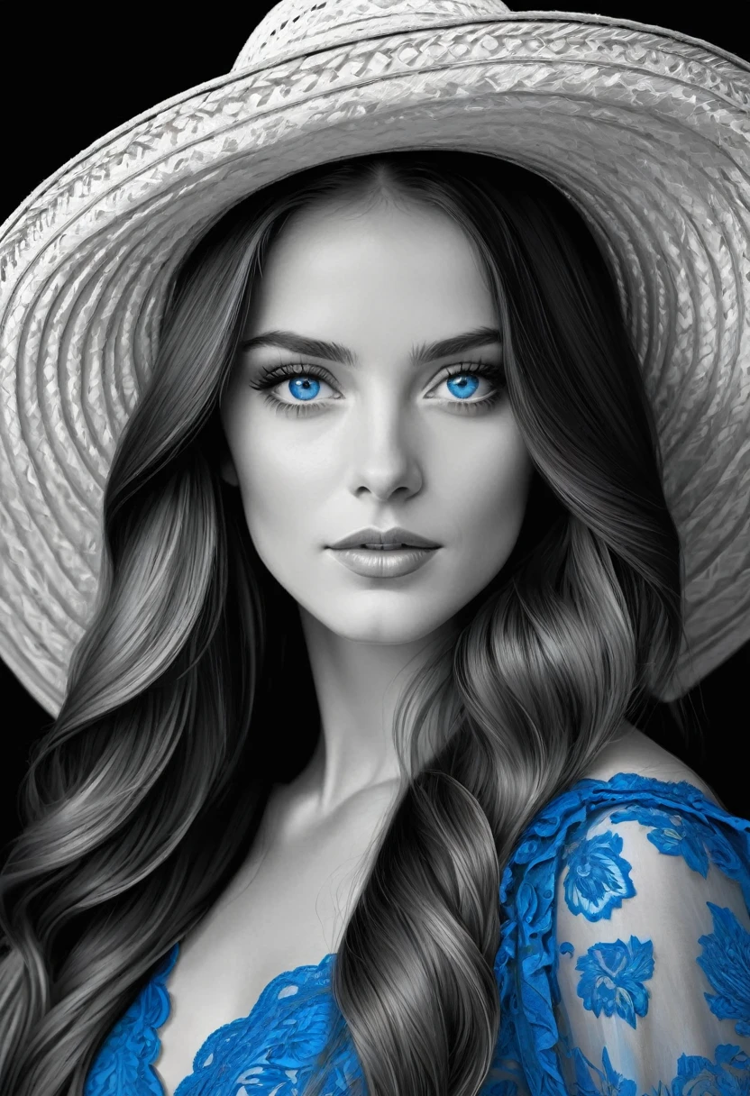 The image is a black and white digital illustration of a woman with long hair and only blue eyes. Lleva un sombrero y un vestido de encaje.