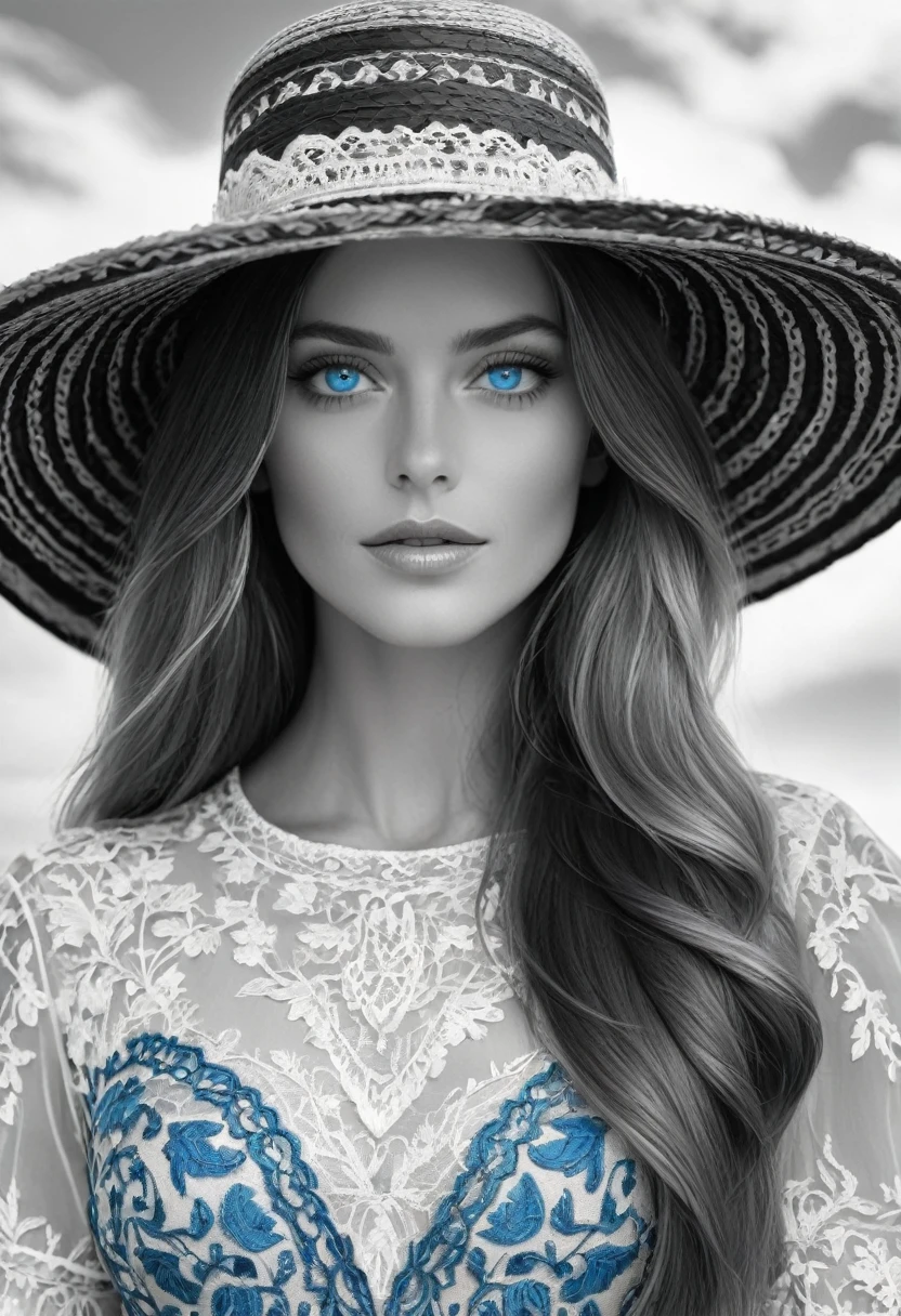 The image is a black and white digital illustration of a woman with long hair and only blue eyes. Lleva un sombrero y un vestido de encaje.
