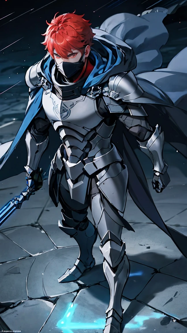 Advance heavy armored boy, grey hood and cape, background dark space battlefield, heavy rain, red short hair, blue glowing handsome eyes, (full body shot), blue glowing lined simple armor plate, dark environment, high detailed face, Advance mask, intense war,