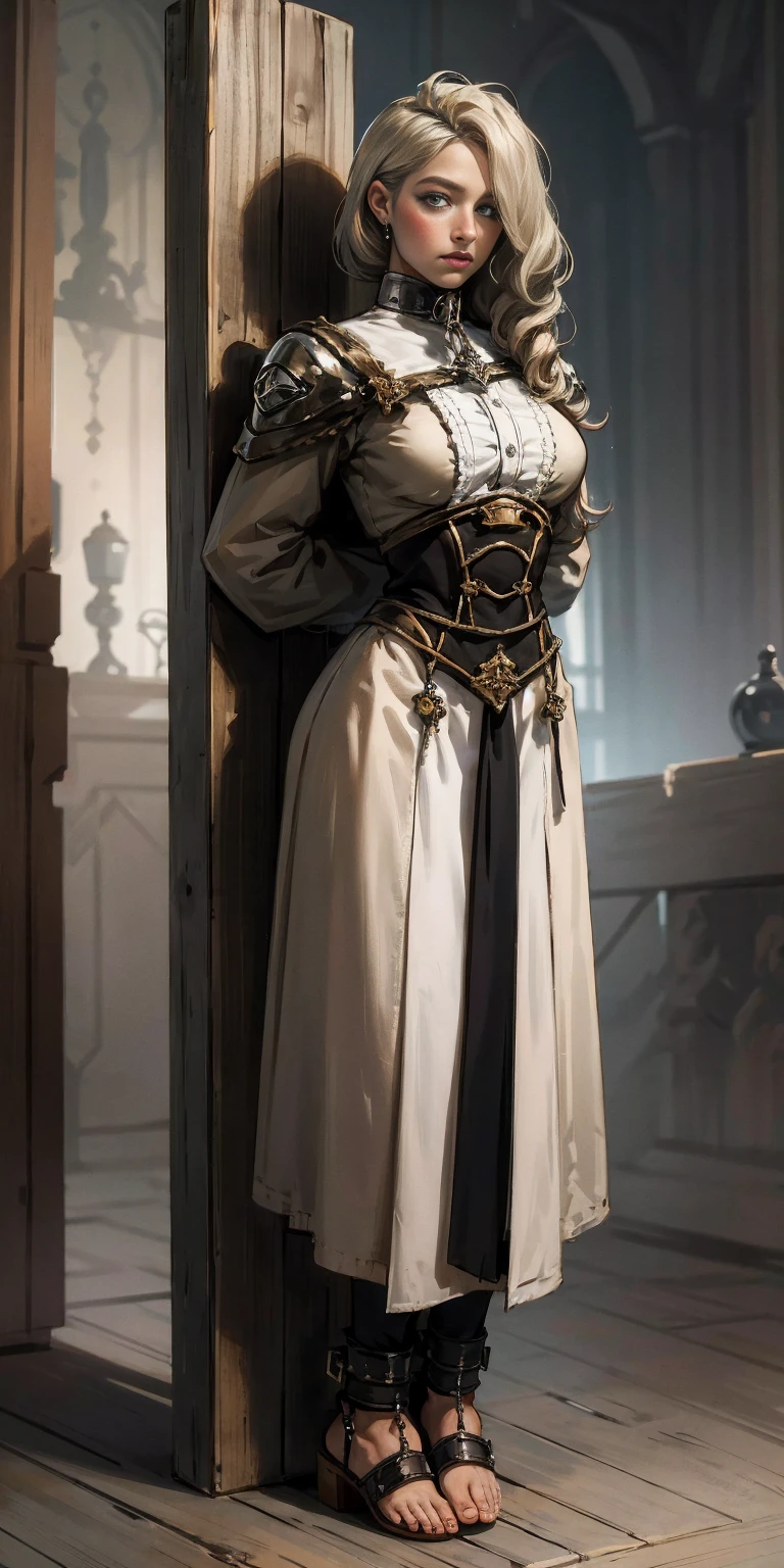 (masterpiece, best quality), intricate details, 1girl, Mercedes von Martritz, (standing full body toe to head by wooden pole:1.2), iron collar, arms behind back, iron cuffs, shackles, bound,