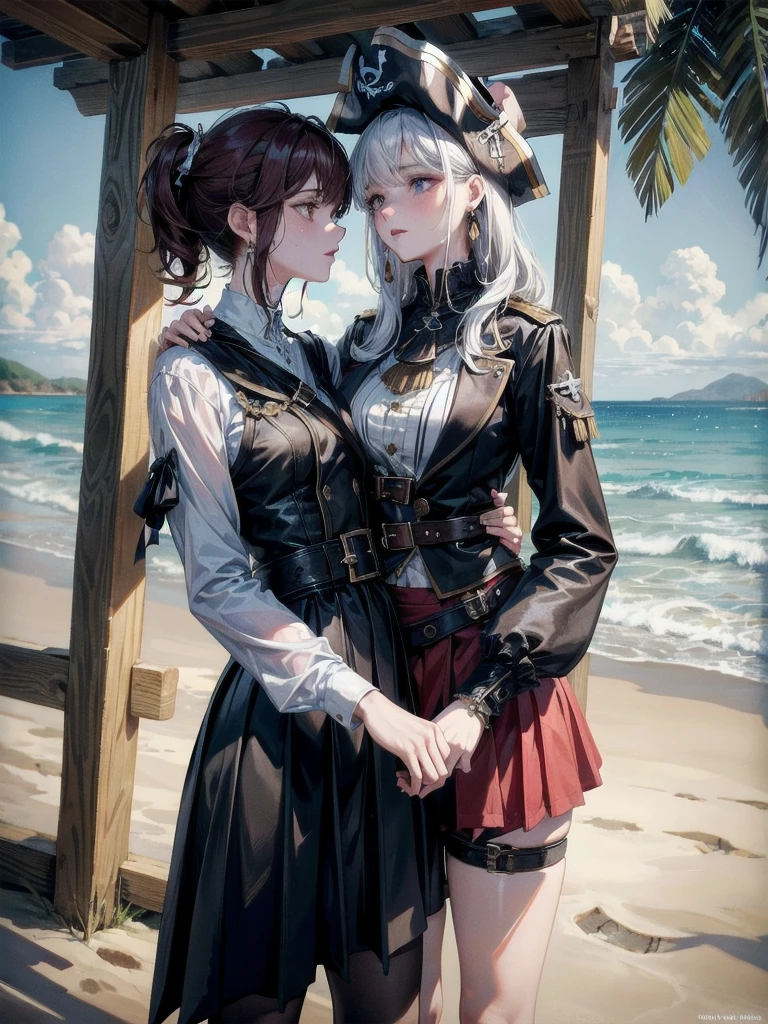 absurdres, RAW photo, extremely delicate and beautiful, masterpiece, Best Quality, ultra high resolution, 32k, hyperrealistic, ultra-detailed, detailed description, perfect anatomy, pale skin, 20 years old, detailed beautiful face and eyes, tearful mole, earring, short medium hair, wavy hair, random colored hair, whole body shot, colossal tits, ((yuri)), (((2 girls))), ((Practical pirate clothing)), Long-sleeved pirate top, Skirt, beach,