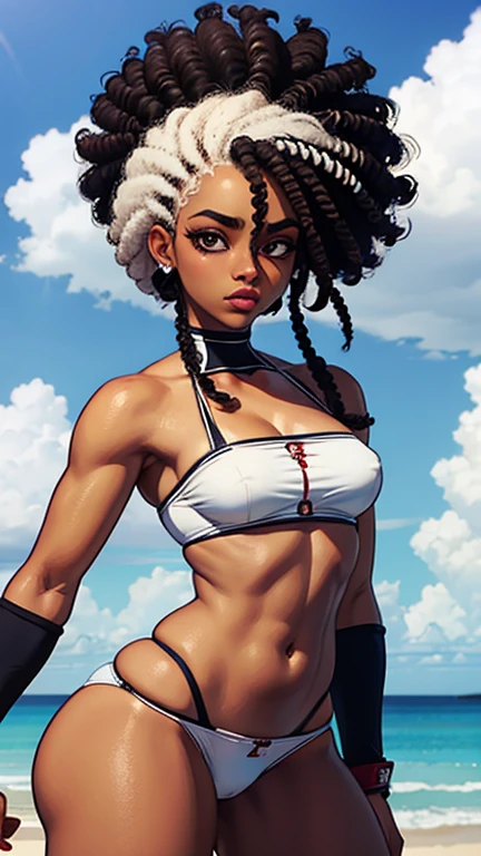 Mulher afro-americana, cabelo cacheado emaranhado e longo,olhos castanho palpebras dupla rosto detalhado boca grande detalhada nariz medio marquiada ,roupa da personagem de luta may shineruy,kof 15,fundo fogos azuis