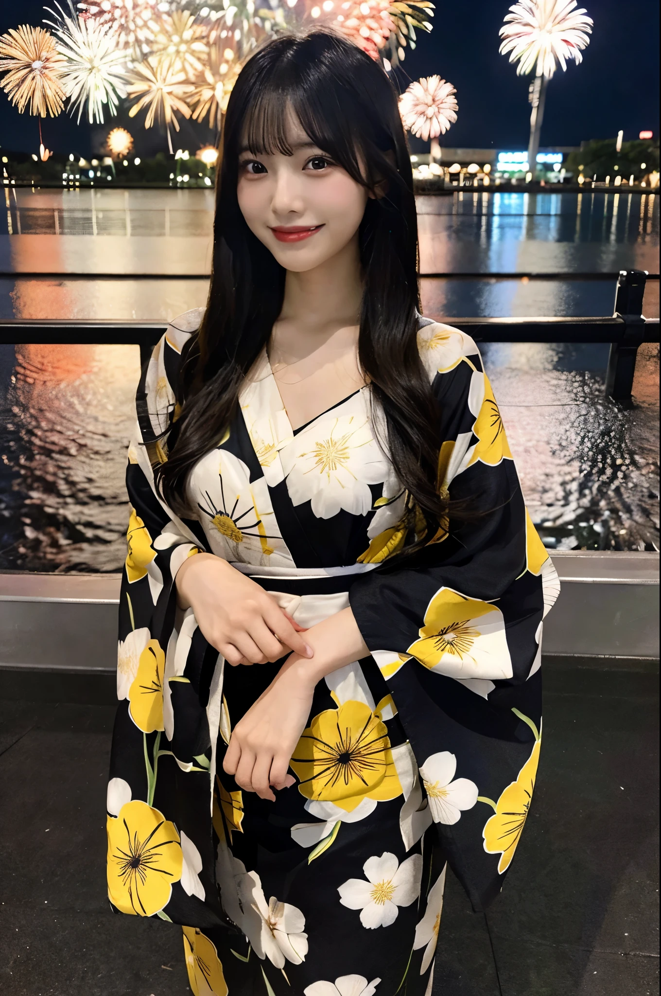 yukata姿の女性、Large patterned fabric、night、Fireworks display、Long black hair、yukata、Very large breasts、Very thin and long legs、Perfect figure、whole body、smile）、1 female、No makeup、23 years old、（masterpiece、8K,RAW Photos、High resolution:1.4）
