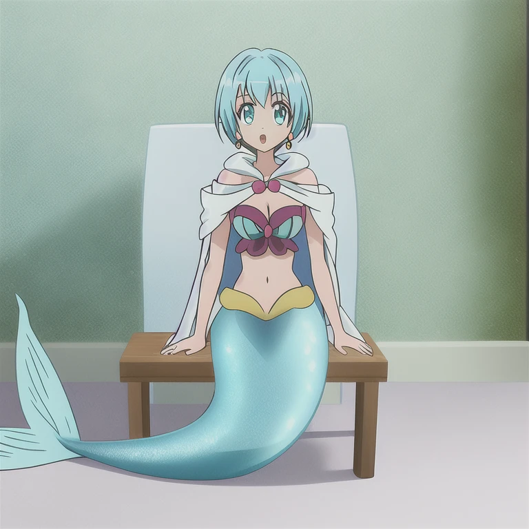 mermaid, long mermaid tail below waistline, underwater, fullbody, cleavage, lelei,  1girl, solo, short_hair, open_mouth, bangs, blue_eyes, bare_shoulders, jewelry, blue_hair, earrings, cape, :o, aqua_eyes, aqua_hair, capelet, chair, looking_at viewer, parody, magical_girl, portrait, cloak