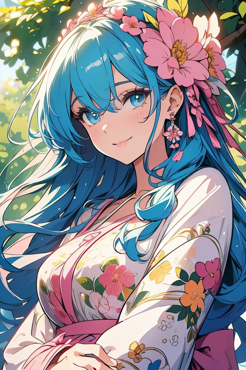 A beautiful young woman, cute and adorable, delicate facial features, big expressive eyes, long eyelashes, small nose, full pink lips, smiling softly, wavy long hair, wearing a colorful floral dress, standing in a lush garden with flowers, sunlight filtering through the trees, warm soft lighting, vibrant colors, detailed intricate painting, masterpiece, photorealistic, 8k, high quality, blue hair