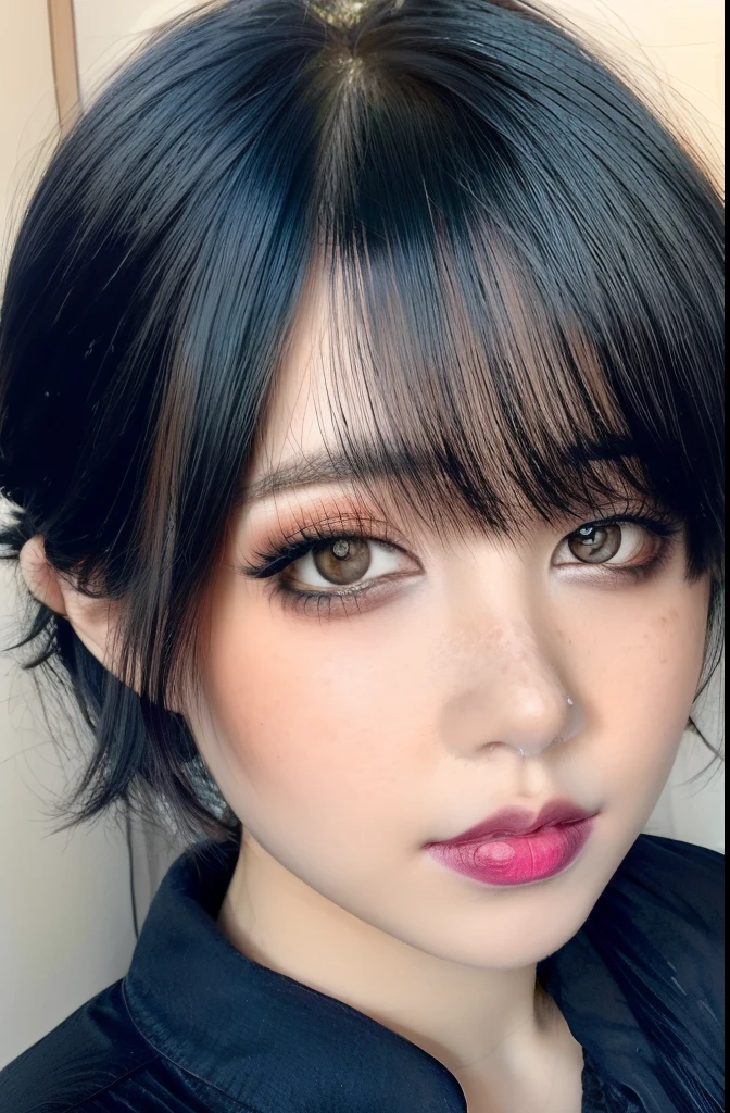 Fr3ckles, grey eyes, freckles, 1girl, 90sgrung3, red makeup, red lips, black hair, short hair, baby bangs, black shirt