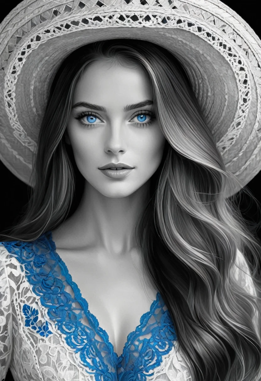 The image is a black and white digital illustration of a woman with long hair and only blue eyes. Lleva un sombrero y un vestido de encaje.