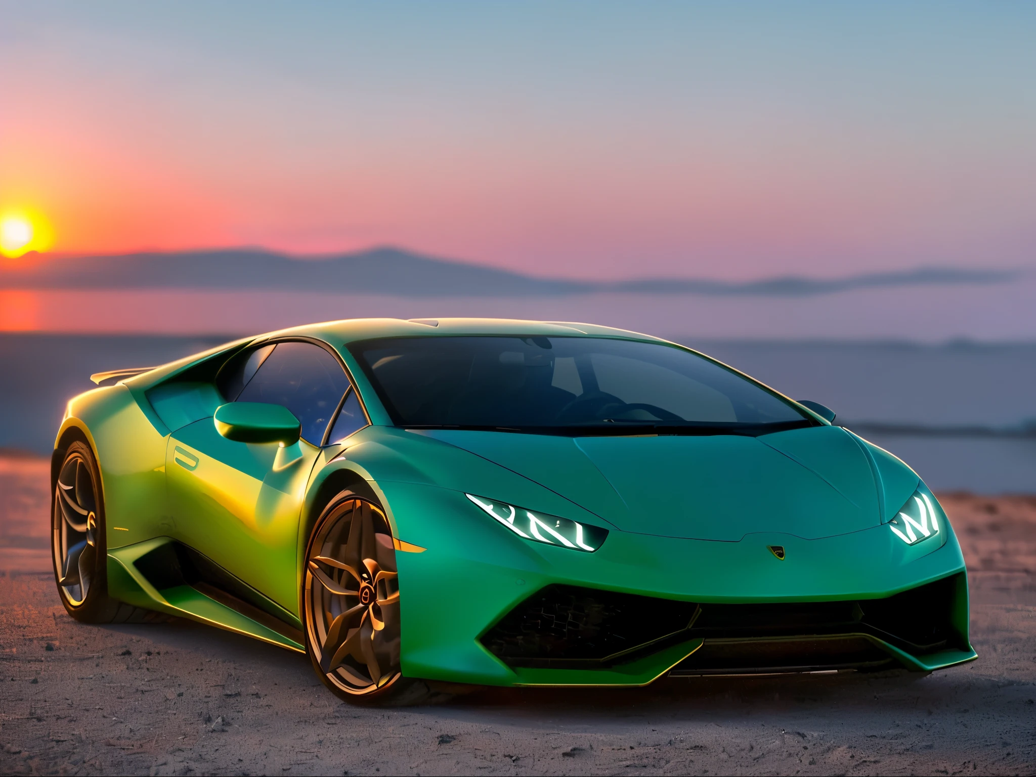 photo of a Lamborghini huracan performante,8k uhd,high quality,road,sunset,motion blur,depth blur,cinematic,filmic image 4k,8k with [George Miller's Mad Max style]. The image should be [ultra-realistic],with [high-resolution] captured in [natural light]. The lighting should create [soft shadows] and showcase the [raw] and [vibrant colors],