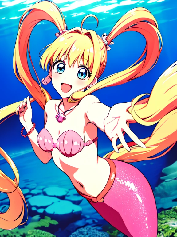 masterpiece, best quality, highres, hmnl, mermaid, twintails, blue eyes, long hair, ahoge, hair ornament, jewelry, pink mermaid, shell bikini, bracelet, earrings, shell necklace, underwater, ocean, smile, cowboy shot, reaching out, open mouth,