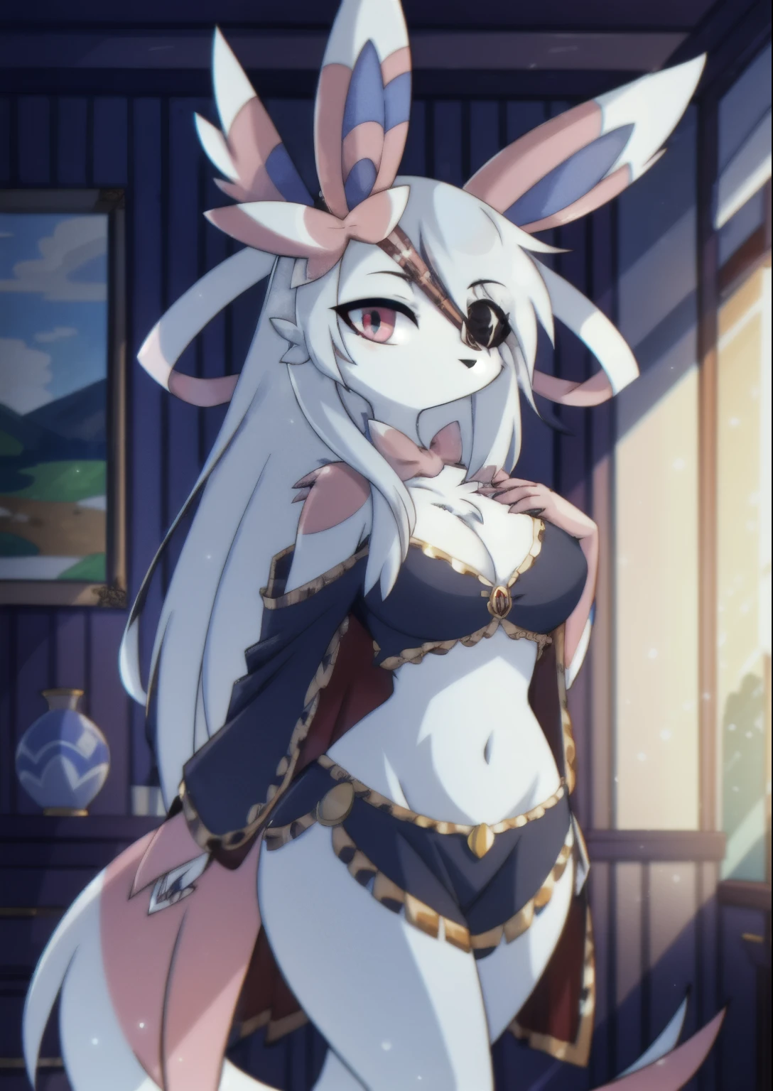 ((masterpiece, best quality)), (Pokémon), (sylveon) (furry), 4k, Detailed, Intricate Details, solo, one character, eye patch, woman with an eye patch, best quality, (female), fluffy fur, (tail), (2 ears), exposed navel, detailed breast, long flowing hair, fluffy fur around the neck, good anatomy, wide hips, wearing black poncho, looking at the viewer