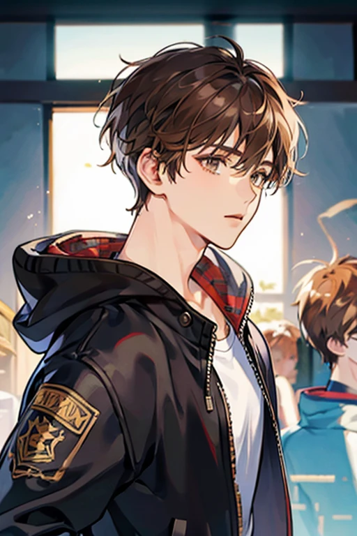 1boy, Brown hair, short hair, Brown eyes, hoodie