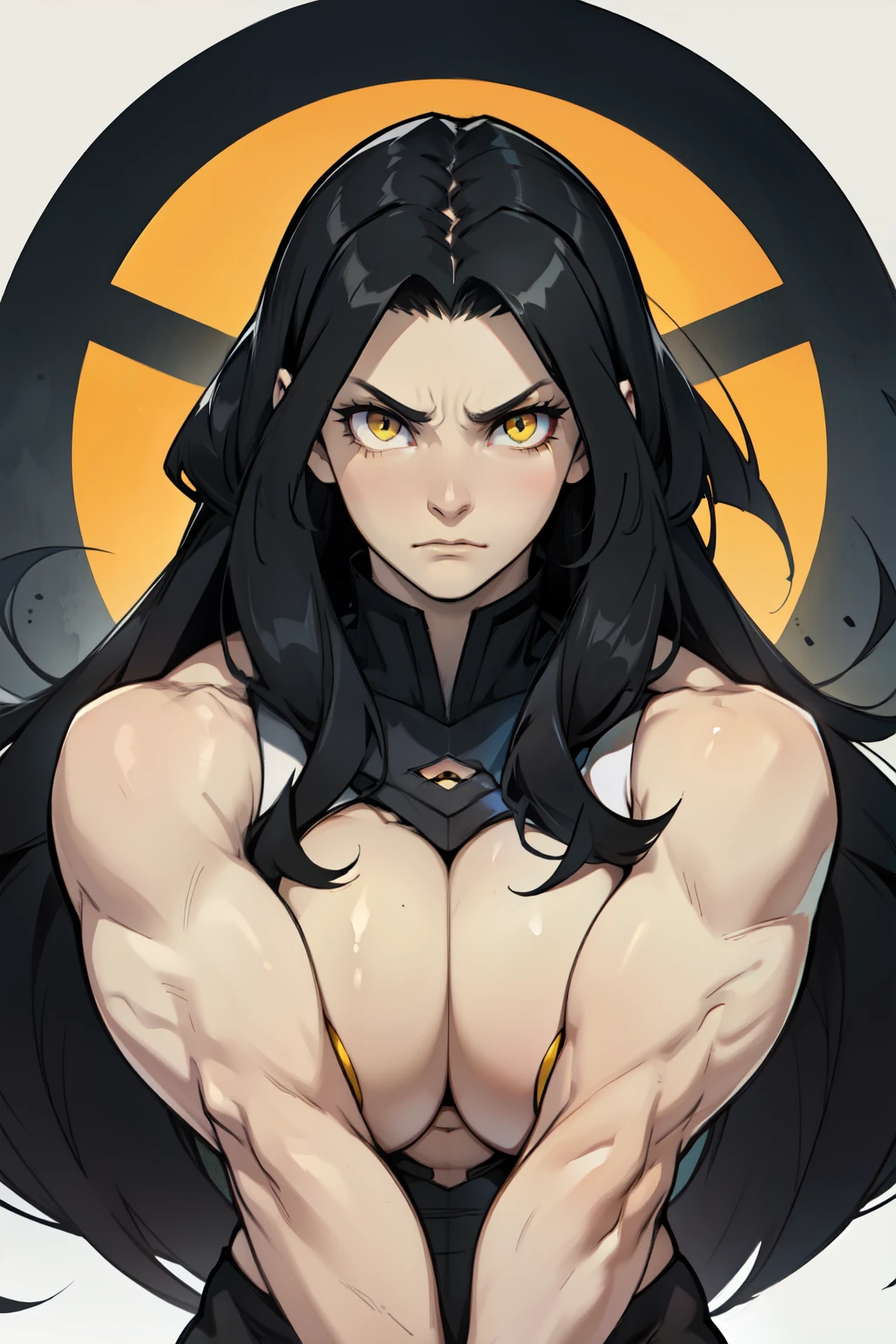 (((((1 girl))))) angry very long hair pale skin black hair yellow eyes ((((muscular toned body)))) solo