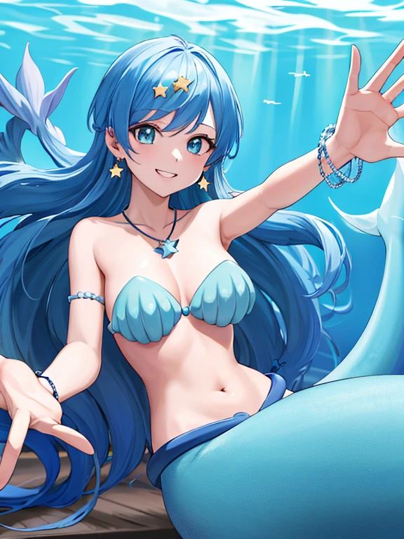 (mermaid girl:1.2), (1 person:1.2),(10 year old girl)、young girl、big breasts、 nffsw、shader、highly detailed eyes、long straight hair、blue hair、underilky hair、ultra-intricate pupil in eyes、highest quality、bright colors、Bust 100、mermaid figure(upper body naked、A shirt that only covers the chest、The lower body is a fish body、Beautiful scales)、Standing picture of the game、turn one's body sideways、View from the side、Stirring composition、Composition looking up from below、Lift your with your hands、Pose that emphasizes the chest、fold your arms、grinning expression、eyes half closed、open your mouth、evil face、Bullish smile、fold your hands behind your back、Hide your hands、evil smile、whole body、beautiful、in water、seabed