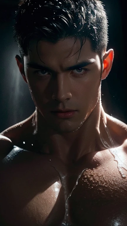 a sensual, muscular man showering, millions of sperm covering his face, highly detailed, photorealistic, 8k, studio lighting, dynamic pose, water droplets, realistic skin, strong shadows, dramatic lighting, cinematic composition, chiaroscuro, dark and moody atmosphere