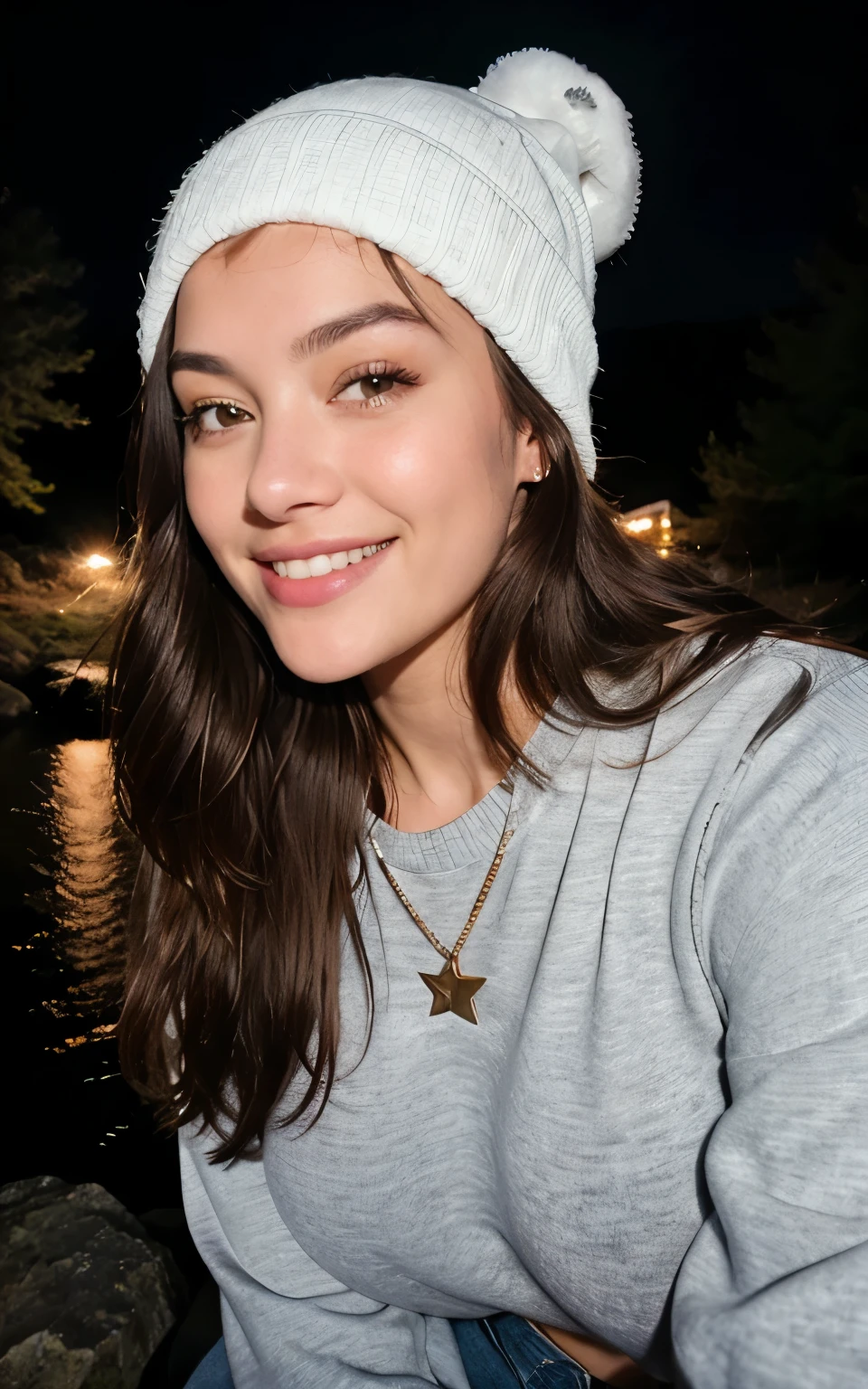 Belle brune aux reflets blonds portant une photo selfie, Haut du corps, seulement, Porter un pull, dehors, (Nuit), montagnes, The nature of real life, stars, lune, highly detailed, 22 ans, , seins, visage innocent, natural wavy hair, yeux bleus, High resolution, Masterpiece, Best quality, intricate high detail, highly detailed, mise au point nette, detailed skin, realistic skin texture, texture, detailled eyes, professionnel, 4K, sourire charmant, filmed on Canon, 85 mm, faible profondeur de champ, Couleur Kodak Vision, perfect fit body , Extremely detailed, photographie_\(ultra\), photoreallistic, Realstic, Post-traitement, maximum details, roughness, real life, ultra realist, photorealism, photographie, 8K UHD, photographie, Busty