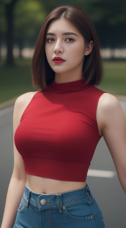 ((Realistic lighting, Best quality, 8K, Masterpiece: 1.3)), Clear focus: 1.2, 1girl, Perfect Figure: 1.4, Slim Abs: 1.1, ((Dark brown hair)), (red crop top and tight jean: 1.4), (park: 1.1), , Super fine face, Fine eyes, Double eyelids,