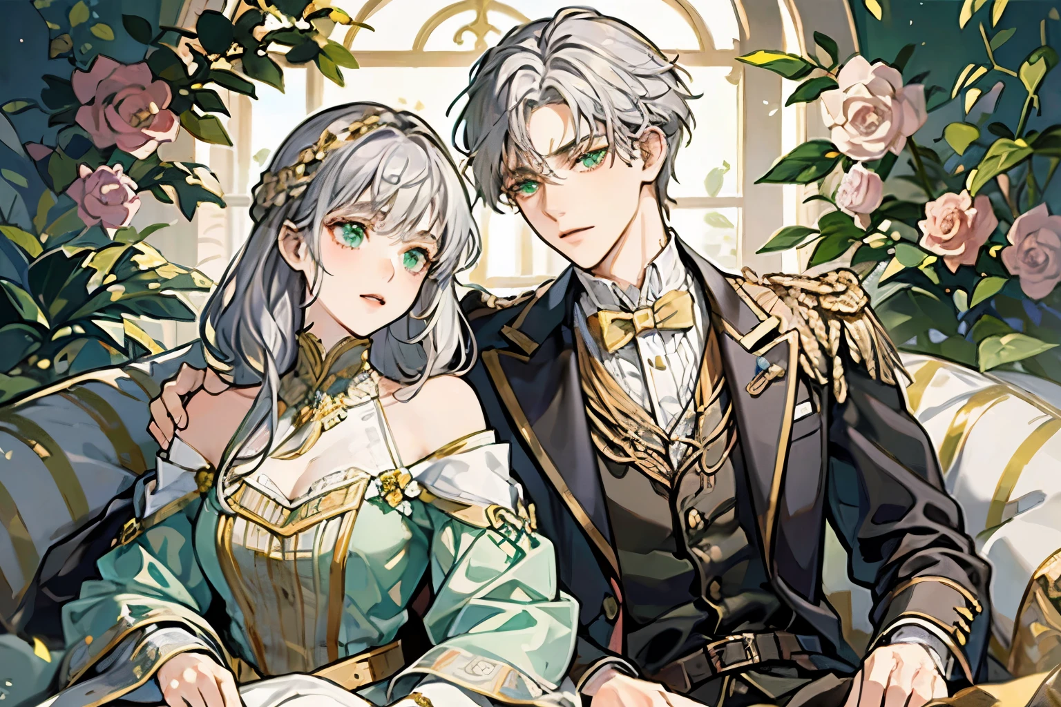 18th century aristocrat,Lorraine,male,19 years old,Youthful feeling,fair skin,silver gold hair,green eyes,Hair length to shoulders,Side parted bangs,,Lying in the center of the screen at 45 degrees,Flowers are scattered around